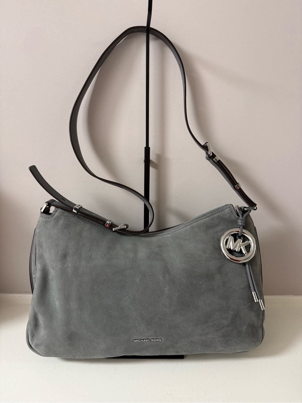 Michael Kors Gray Suede Crossbody Bag with Logo Charm, NWT!
